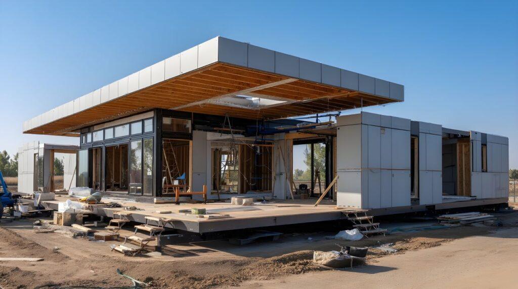 Modulares Haus im Bau mit nachhaltigen Materialien und geplanter Fläche für Gründachsystem