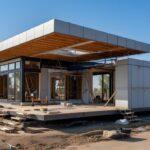 Modulares Haus im Bau mit nachhaltigen Materialien und geplanter Fläche für Gründachsystem